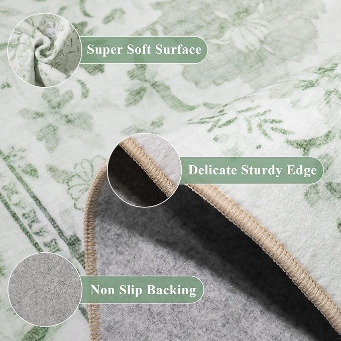 DUKINO 4x6 Rug for Living Room, Washable Vintage Floral Area Rug Sage Green | Non Slip, Low Pile, Non-Shedding, Aesthetic Lightweight Soft Indoor Carpet for Bedroom Kitchen Bathroom Entryway Farmhouse