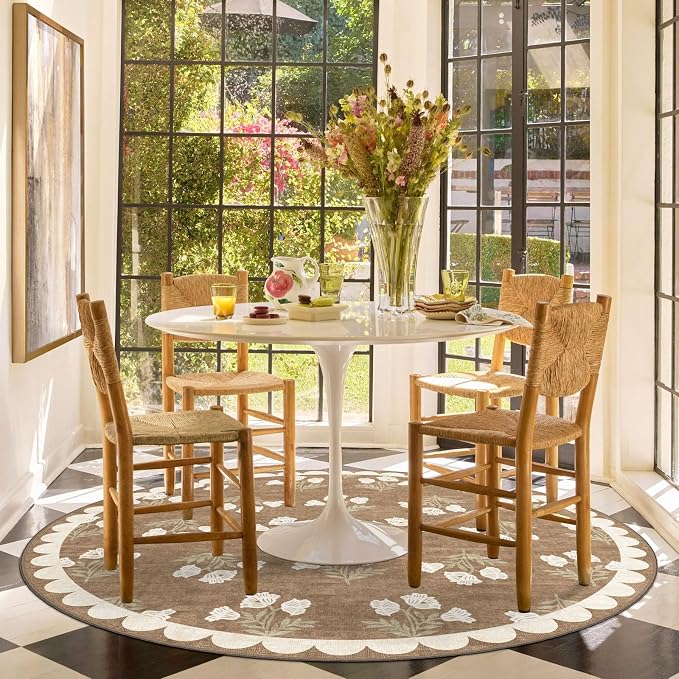 Tan Entryway Round Rug 4ft - Washable Boho Floral Neutral Farmhouse Scalloped Round Area Rug for Bedroom Non Slip Stain Resistant Circle Rugs for Living Room Kitchen Entryway Bathroom Nursery