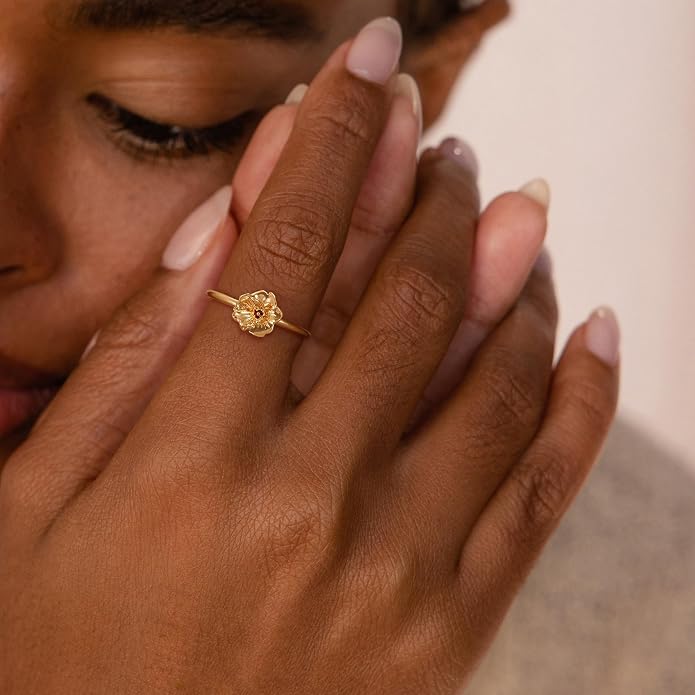 Birth Flower Ring for Women 14K Gold Plated Floral Minimalist Stackable Finger Jewelry Birthday Gifts