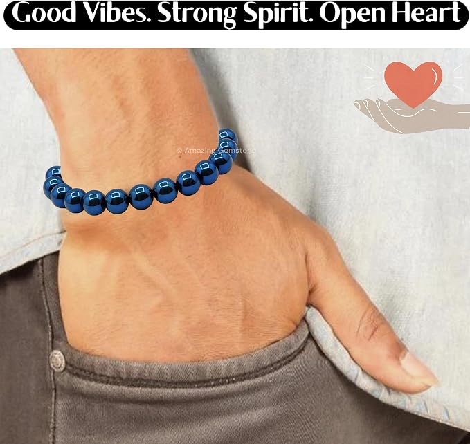 Amazing Gemstone Blue Hematite Bracelet for Women Men's Gifts - Protection Healing Crystal Bracelet - 8mm Gemstone Beaded Adjustable Bracelet Pulseras para Hombres Mujer Stocking Stuffers