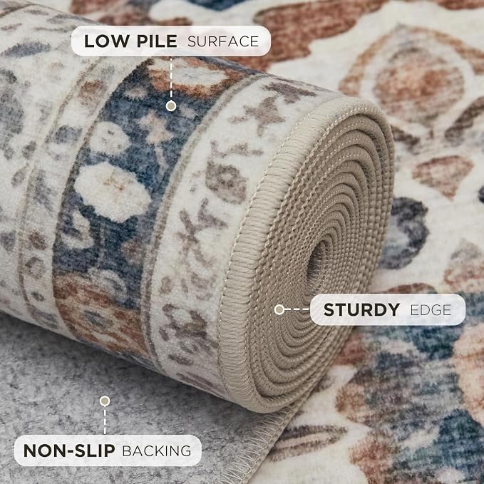 Joydeco 5x7 Area Rugs for Living Room, Non Slip Machine Washable Vintage Rug, Low Pile Chenille Print Rugs for Bedroom, Dining Room, Home Office, Pet & Child Friendly, Beige & Blue & Reddish-Brown