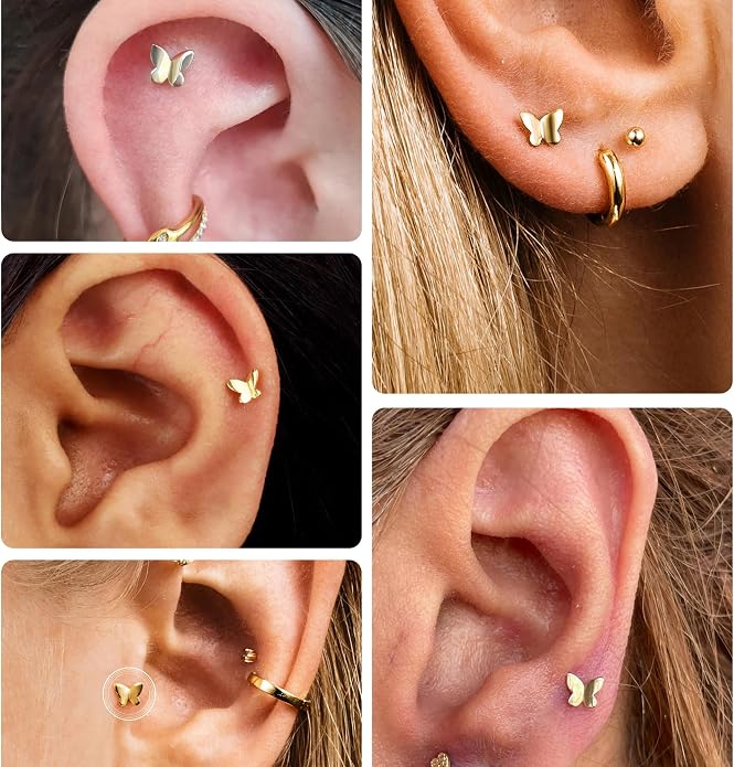 Jewseen 9K Real Solid Yellow Gold Butterfly Stud Earring Flat Back Internal Threaded 16G 8mm Gorgeous Fine Piercing Jewelry for Auricular Cartilage Helix Tragus Lobe Lip