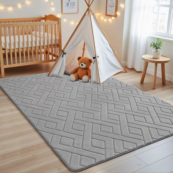 Macgace Ultra Soft Grey Area Rug for Bedroom, 4x6 Modern Geometric Shag Rugs with Nonslip Backing for Living Room, Washable Fuzzy Carpet for Cozy Kids Room