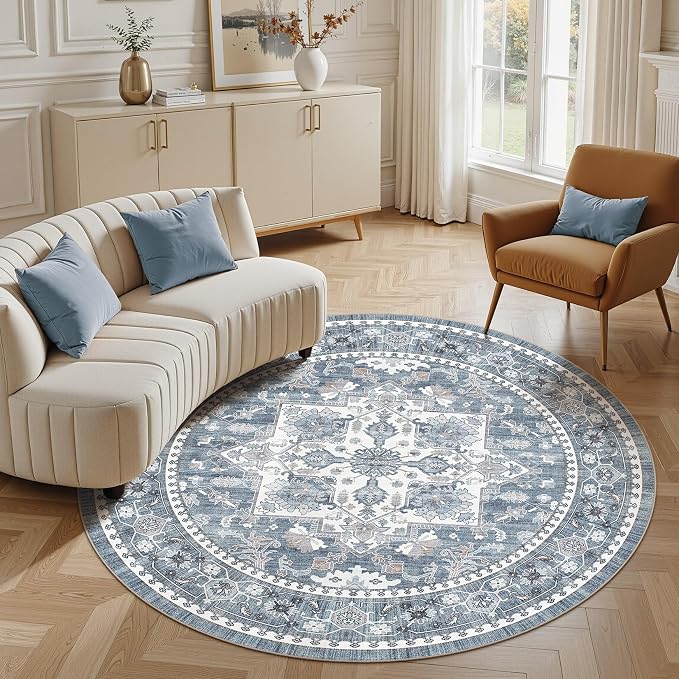 5ft Round Area Rug: Washable Vintage Neutral Soft Non Slip Thin Large Floor Carpet for Living Room Bedroom Kitchen Dining Room Home Office Farmhouse Indoor - Blue