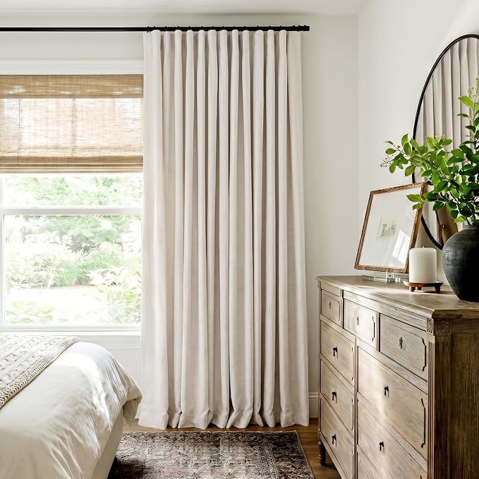 INOVADAY 100% Blackout Curtains for Bedroom, Black Out Curtains 108 Inch Long, Clip Rings Linen Blackout Drapes, Thermal Insulated Room Darkening for Living Room, 1 Panel - Beige,W102xL108