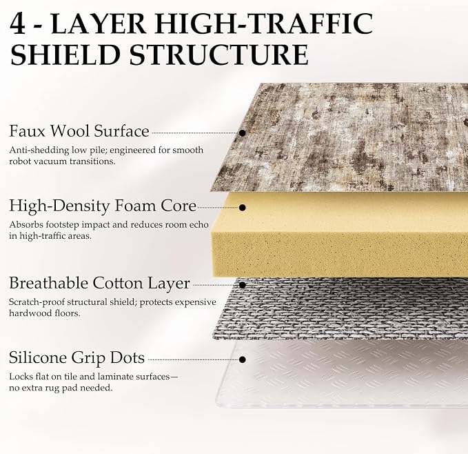 Washable Water Resistant Area Rug, Modern Abstract Distressed Carpet, 0.3" Low Pile, Non-Slip Silicone Backing, for Living Room, Dining Room, Bedroom, and Office, 8' x 10', Neutral Taupe