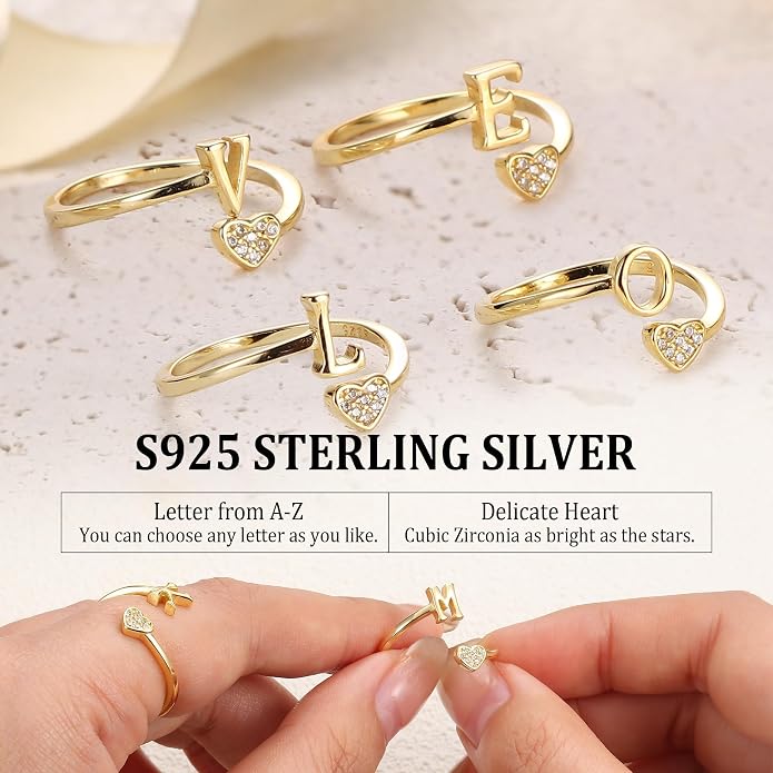 MILACOLATO 925 Sterling Silver Initial Rings for Women Teen Girl 18K Gold Plated Heart Initial Rings Adjustable Capital Letter Ring Stackable Thumb Pinky Rings for Daughter Birthday Bridesmaid Gifts Jewelry, A to Z