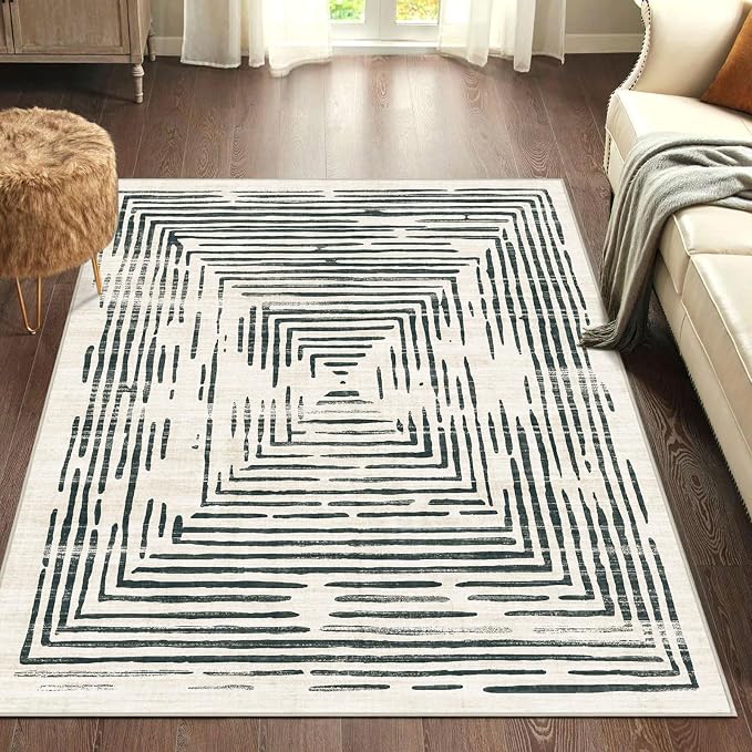 BLISSA 3x5 Washable Area Rug - Modern Entry Rug Non-Slip Ultra-Thin Soft Black White Lines Borderd Abstract Bedside Throw Rug for Entryway Kitchen Bedroom Bathroom Dorm Nursery Home Decor