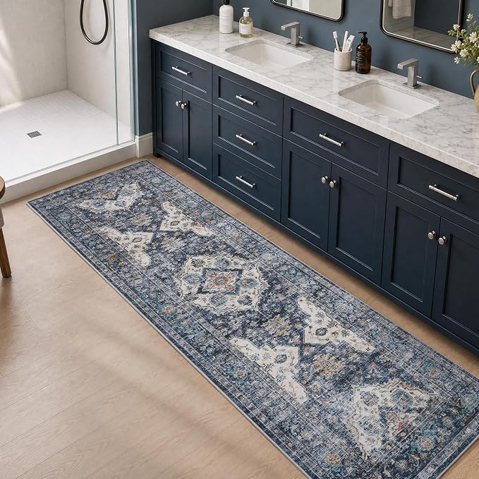 AMOAMI-2X6 Runner Rug-Washable Runners for Hallways-Soft Non Slip Bedside Rugs for Bedroom-Vintage Long Rug for Hallways Entryway Laundry Room Stair Kitchen Bathroom Blue