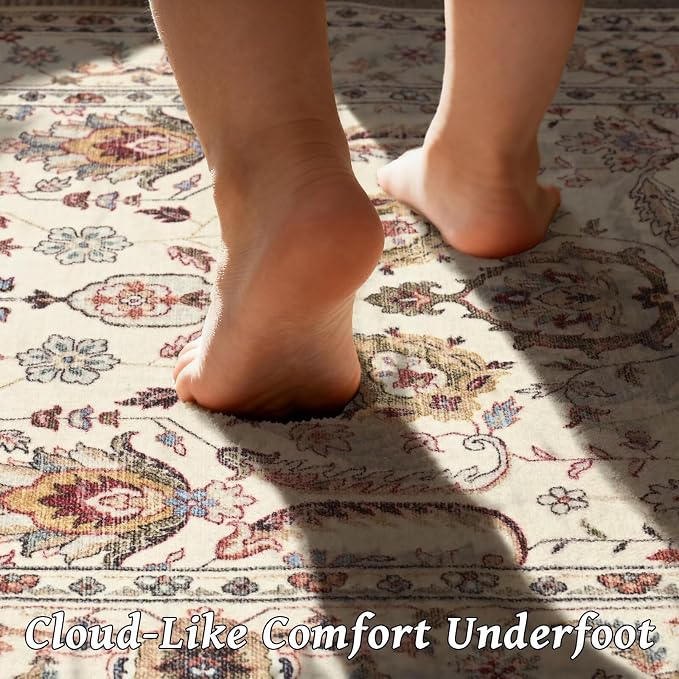 Washable 2x3 Entryway Rug, Boho Vintage Non-Slip Door Mat, Beige | 0.3" Neutral Throw Small Rugs for Bedroom Kitchen Nursery Entrance, Cushioned for High-traffic Area