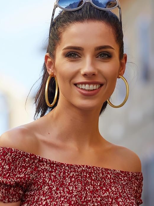 Stainless Steel Chunky Hoop Earrings For Women, Minimalist and Chic, Black/Gold Plated, Round Hoops Earrings Hypoallergenic, Size: 30mm/40mm/60mm/80mm, Come with Box