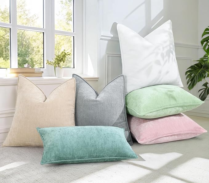 decorUhome Chenille Aqua Haze Velvet Throw Pillow Covers 16x16 Set of 2 | Fall Soft Couch Decorative Modern Farmhouse Pillow Cases with Elegant Design for Sofa Bed Living Room Home Decor