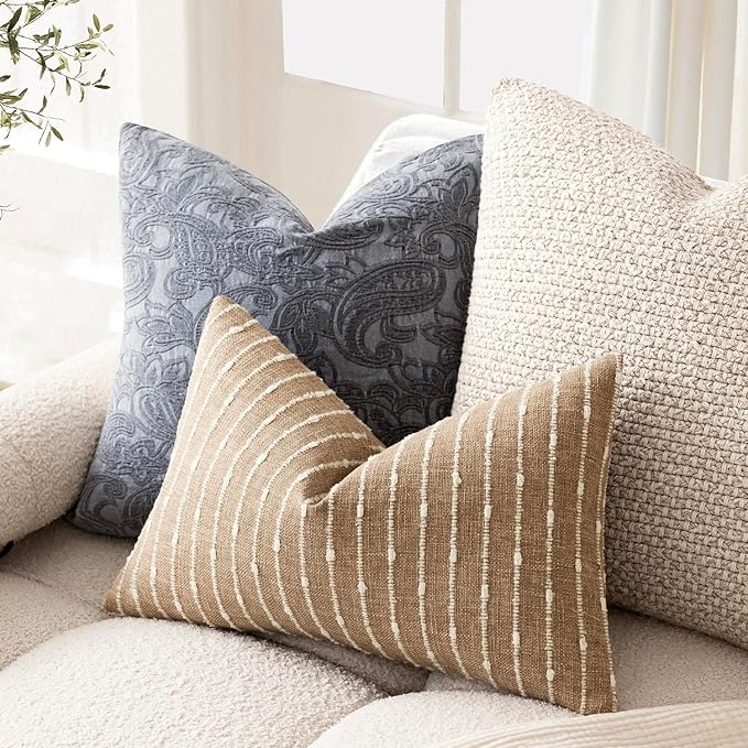 Foindtower Pack of 2 Decorative Jacquard Boucle Lumbar Throw Pillow Covers Accent Textured Striped Pillowcases Cozy Boho Cushion for Couch Sofa Bedroom Living Room Home Decor 12x20 Inch Camel