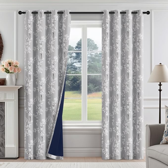FMFUNCTEX 100% Blackout Grey Floral Curtains 90 Inch Long Grommet 2 Panels | Black Out Drapes, Thermal Insulated Cottage Farmhouse, Blossom Flower Patterned Curtain for Bedroom, Living Room Darkening