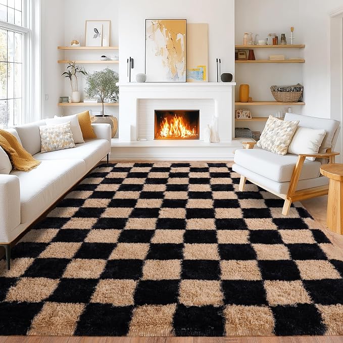 Pionblank 9x12 Area Rug, Large Fluffy Checkered Rugs for Living Room, Shag Rug for Bedroom, Soft Non Slip Shag Carpet for Kids Room Nursery Home Decor, Black and Beige