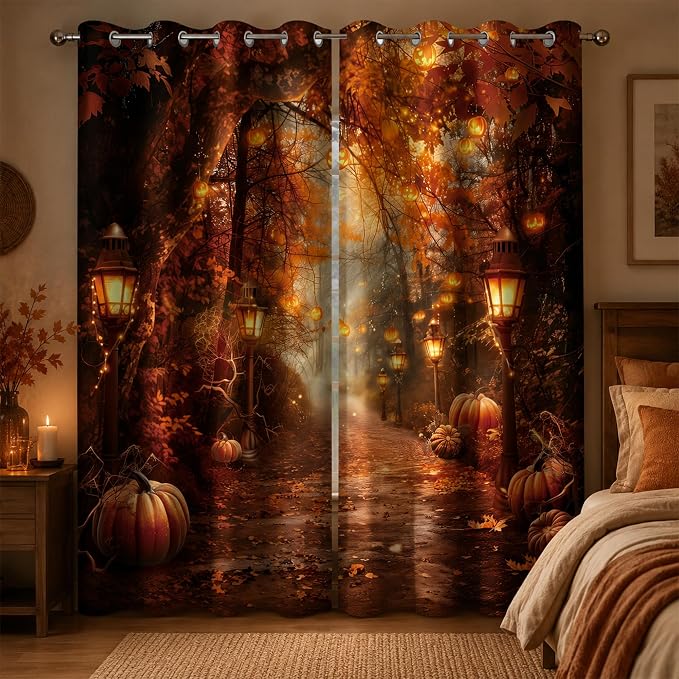 Halloween Forest Window Curtains 52 x 63 in, Pumpkin Lantern Autumn Path Drapes, Fall Woodland Curtains for Living Room Bedroom