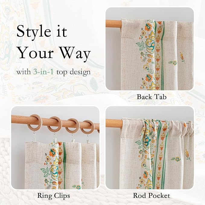 MYSKY HOME Boho Floral Curtains 72 inch for Living Room Semi Sheer Linen Look Bohemian Style Farmhouse Printed Curtains Light Filtering Privacy Back Tab Drapes, 50x84 Inch, Yellow and Blue, 2 Panels