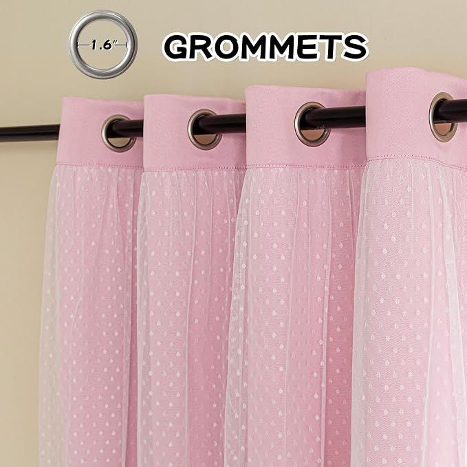 MYSKY HOME Light Pink Blackout Curtains for Girls Bedroom with Polka Dots Sheer Overlay Baby Pink Nursery Kids Room Drapes, Grommet Tops, 52" x 95", 2 Panels