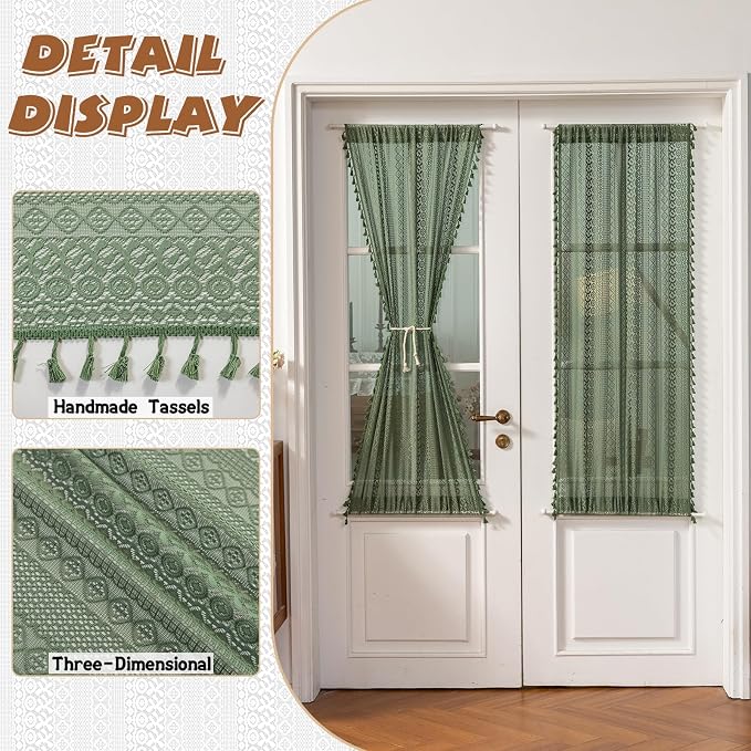 Sutuo Home Olive Green French Door Curtains for Front Glass Door & Sidelights, Semi Sheer Farmhouse Bohemian Rustic Tassels Vintage Privacy Christmas Festival Decor, Rod Pocket 2 Panels 25" W x 72" L
