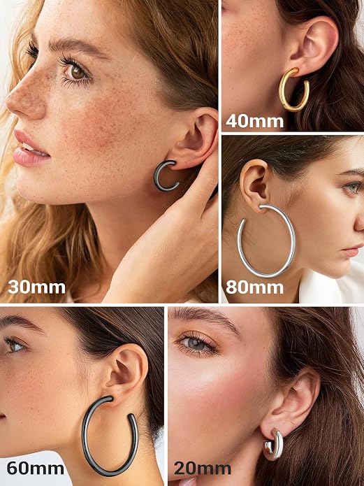 Stainless Steel Chunky Hoop Earrings For Women, Minimalist and Chic, Black/Gold Plated, Round Hoops Earrings Hypoallergenic, Size: 30mm/40mm/60mm/80mm, Come with Box