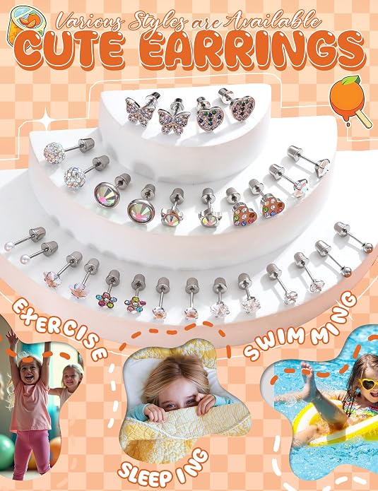 LOYALLOOK 14Pairs Hypoallergenic Screwback Earrings for Women Girls Tiny CZ Pearl Ball Heart Flower Screw Back Earring Studs 316L Stainless Steel Stud Earrings Flatback 20G Over 3 Years Old