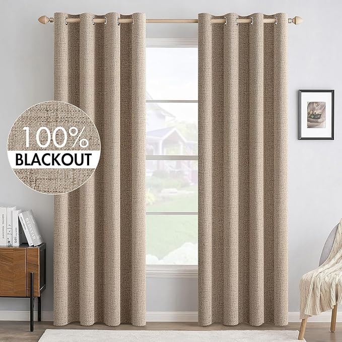 MIULEE 100% Blackout Linen Textured Curtains for Bedroom Solid Thermal Insulated Copper Brown Grommet Room Darkening Curtains & Drapes Luxury Decor for Living Room 52 x 72 Inch (2 Panels)