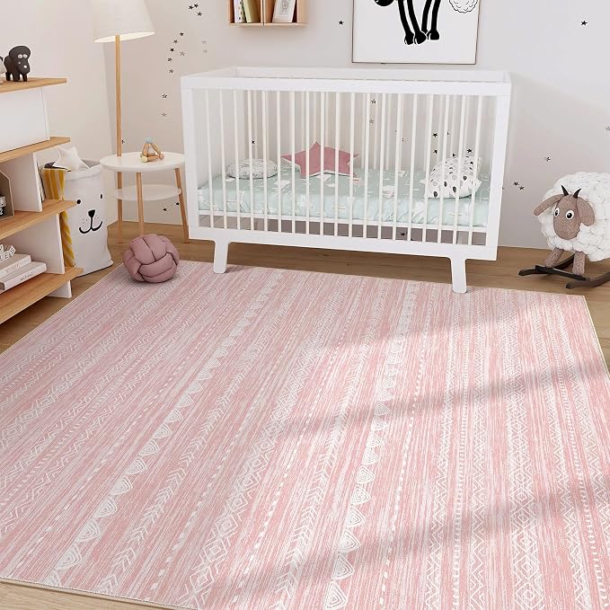 Nakagishi Pink Rugs for Bedroom Girls: 6x9 Washable Boho Large Neutral Cute Soft Area Rug Modern Indoor Floor Non Slip Accent Carpet for Living Room Nursery Kids Playroom Preppy Room Dorm Baby Room