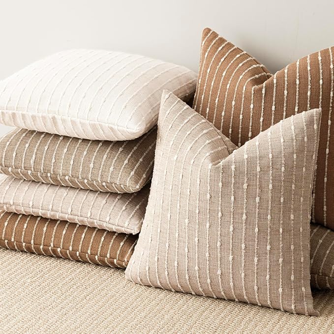 Foindtower Pack of 2 Decorative Jacquard Boucle Throw Pillow Covers Accent Textured Striped Pillowcases Cozy Modern Cushion for Couch Sofa Bedroom Living Room Home Decor 18x18 Inch Natural Beige