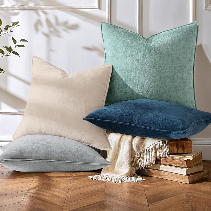 decorUhome Set of 4 Chenille Throw Pillow Covers 18x18(Beige/Aqua) | Couch Decorative Soft Neutral Pillow Covers with Elegant Design for Living Room Bed Sofa