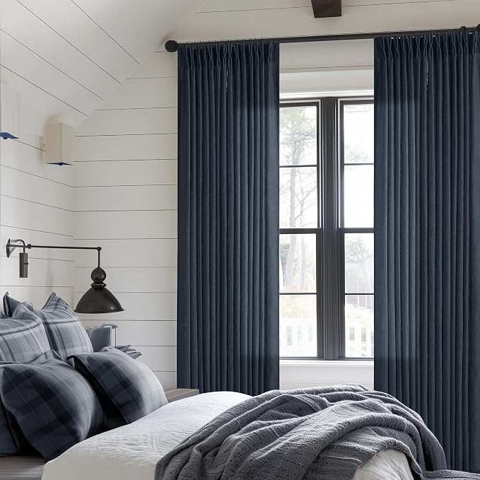 Extra Long Navy Linen Curtains 120 Inches Long Dark Blue Indigo Farmhouse Modern Curtain Light Filtering Semi Sheer Back Tab Pinch Pleat Curtain for Tall Ceiling Living Room Bedroom 2 Panels