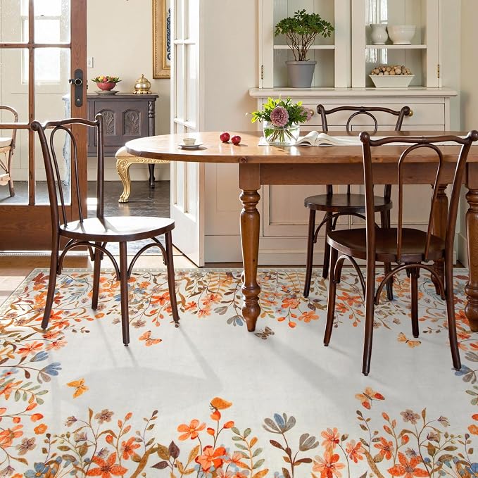 Wonnitar 8x10 Washable Area Rug, Burnt Orange Floral Rug for Living Room, Boho Large Botanical Bedroom Carpet, Non Slip Nursery Rug, Farmhouse Dining Room Decor (8x10 Orange)