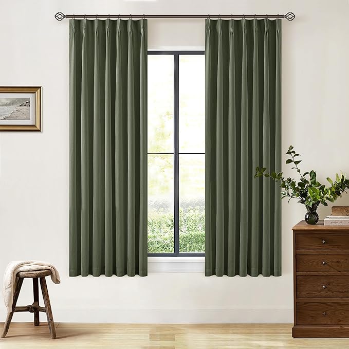 Olive Green 63 Inch Length Blackout Pinch Pleated Linen Curtains with Liner | Memory Trained, 100% Black Out, Thermal Insulated, UV Blocking, Noise Reducing Curtains for Small Window Bedroom 2 Panels