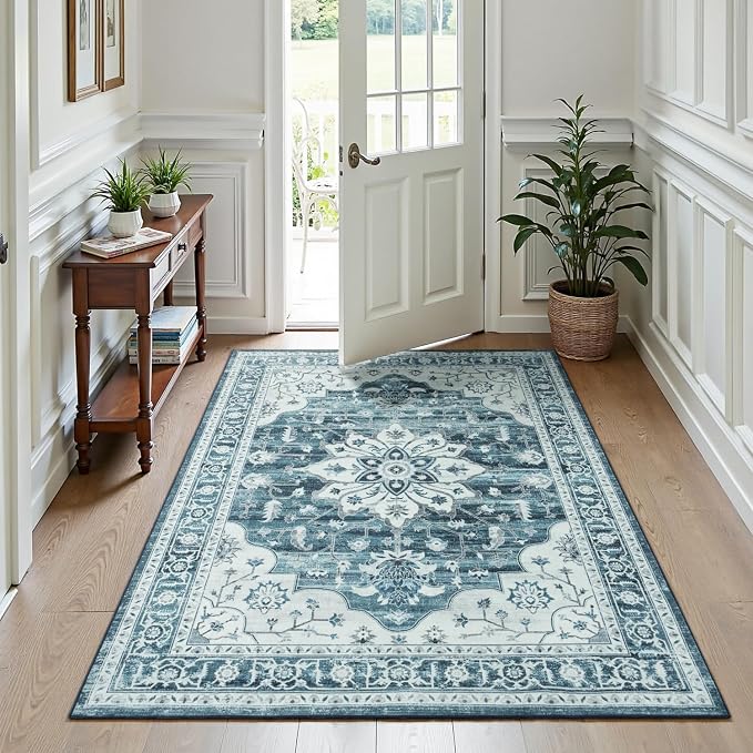 3x5 Large Entryway Rug Indoor, Coastal Blue White Non-Slip Backing Area Rugs for Kitchen - Vintage Boho Distressed Washable Rug, Soft Low Pile Carpet for Office, Lounge, Bedroom Bedside