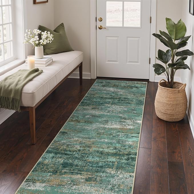 GENIMO Runner Rug Non Slip 2x10, Washable Rug Runner for Hallways Kitchen, Abstract Modern Kitchen Rugs, Low Pile Lightweight Carpet Runners for Entryway, Bedroom, Laundry, Turquoise