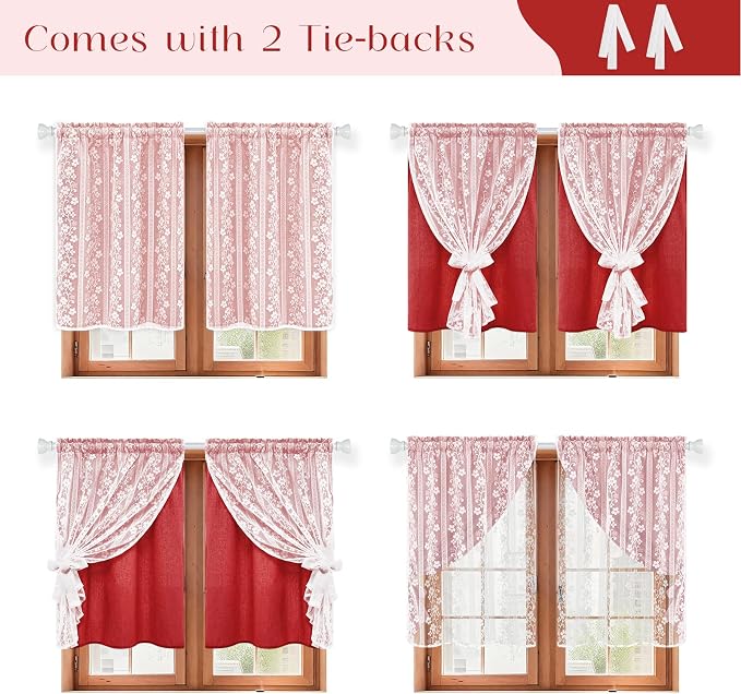 ASPMIZ Linen Kitchen Curtains Double Layers Window Curtain with Linen Lace, Farmhouse Cafe Curtain 36 Inch Length Rod Pocket, Light Filtering Bathroom Tier Curtains with 2 Tiebacks, Red