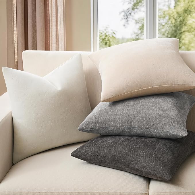 Pack of 4 Throw Pillow Covers 18x18 Inch Chenille Textured Neutral Grey Soft Pillow Covers Solid Decorative Farmhouse Cushion Covers Home Boho Decor for Couch Sofa Bed Living Room