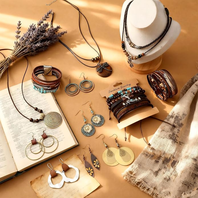 Tondiamo 12Pcs Boho Jewelry Set for Women Bohemian Western Jewelry Set with Long Pendant Necklace Dangle Earrings and Stackable Bangle Bracelets Accessories for Women Friendship Gift