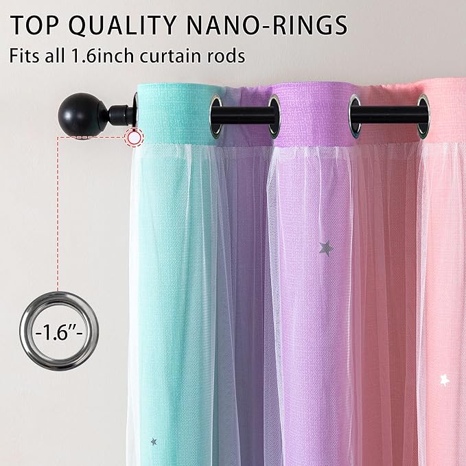 XiDi Girls Blackout Curtains 63 Inches Long for Bedroom 62 Inches Wide, Room Darkening Grommet Window Curtains 2 Panel, Colorful Rainbow Kids Unicorn Princess Room Decor Pink Purple Green 62W x 63L