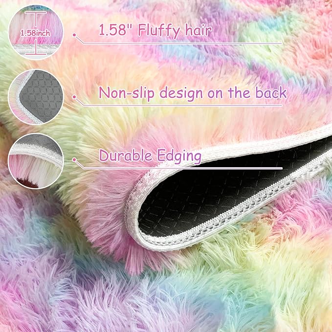 2x6 Ft Rainbow Rug for Girls Bedroom Colorful Area Rug Unicorn Rugs for Girls Bedroom Kawaii Room Decor Runner Rugs for Living Room Plush Fluffy Rug Non Slip Fuzzy Rugs for Kids Room