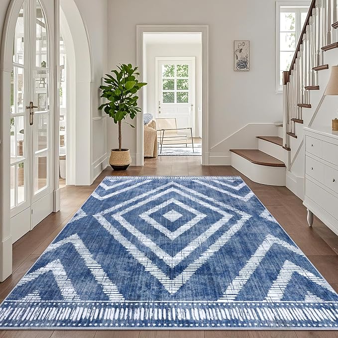 Boho Washable Rugs 5x7ft for Living Room, Low Pile Blue Bedroom Area Rug Non Slip, Moroccan Soft Kids Nursery Area Carpets for Dining Room Playroom Kitchen Home Office Decor