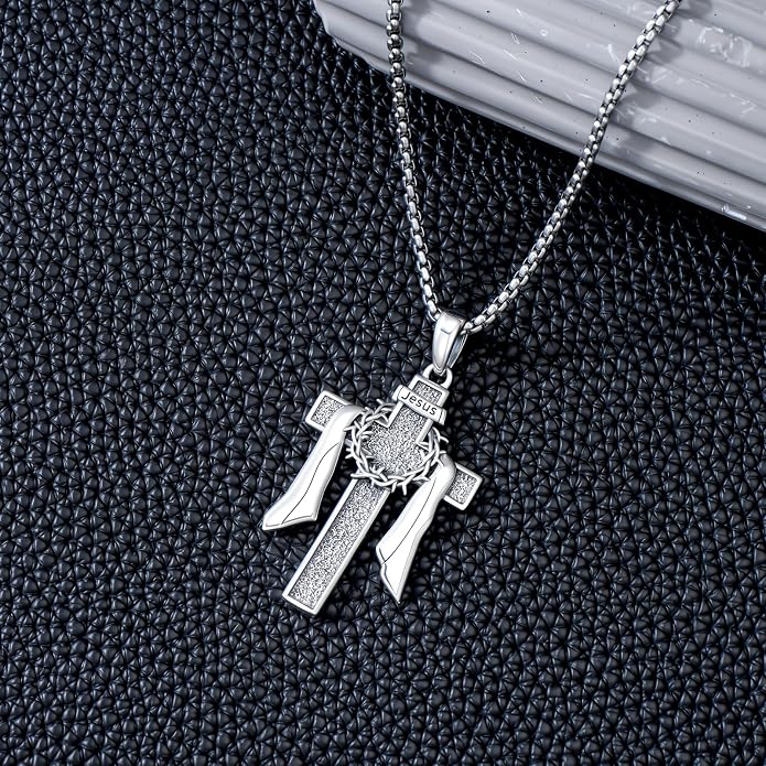 LEECCl Men's Necklaces 925 Sterling Silver Thors Hammer/Cross of Thorns/Bible/St. Michael Gothic pendant Religious Jewelry for Men Father