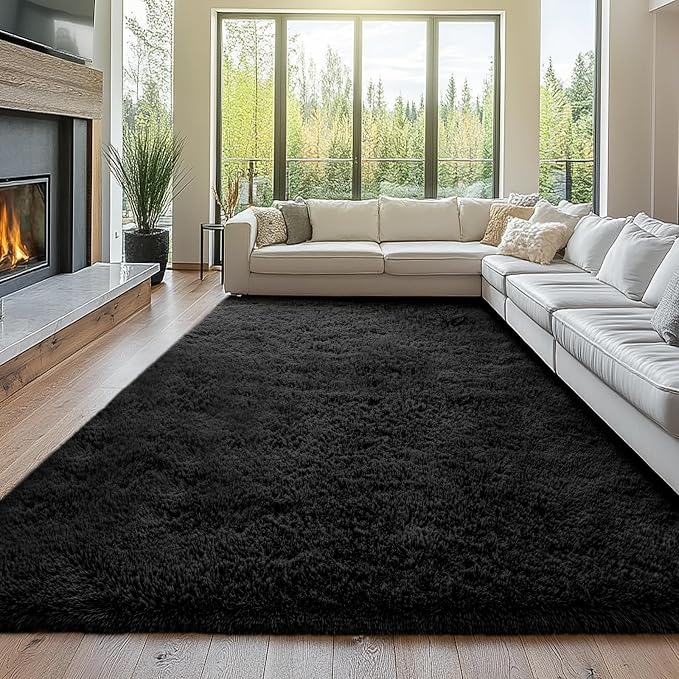 Black Shag Area Rug 9x12 Bedroom: Large Soft Shag Plush Rugs for Living Room Bedroom- Non-Slip Modern Shaggy Fluffy Rugs- Plush Indoor Floor Carpets, Black, 9x12 Feet