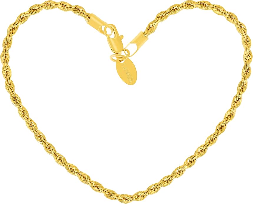 LIFETIME JEWELRY Womens Gold Anklet 3mm Rope Chain Ankle Bracelet 24k Real Gold Plated