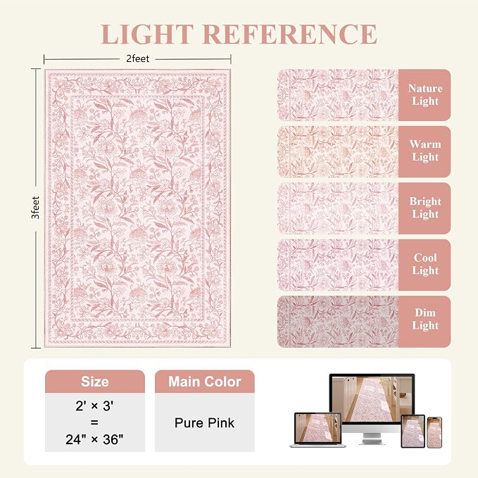 DUKINO 2x3 Rug, Washable Vintage Floral Bathroom Rugs Non Slip, Light Pink | Low Pile, Stain Resistant Boho Soft Indoor Door Mat, Small Front Door Carpet for Entryway Kitchen Laundry Bedroom Farmhouse