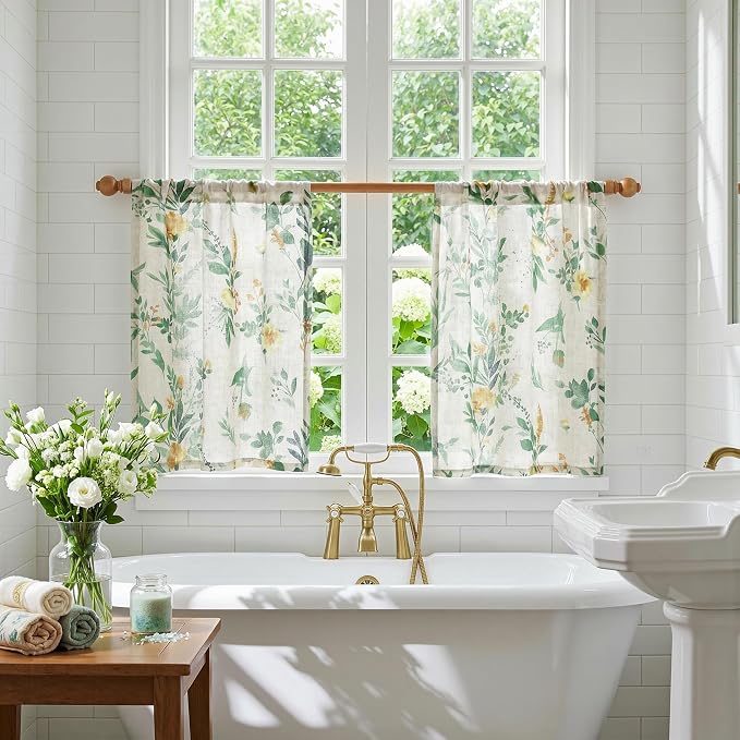 MYSKY HOME Floral Kitchen Curtains 24 Inches Linen Tier Curtains Farmhouse Green Flower Patterned Small Window Treatments Airy Light Filtering Rod Pocket for Living Room Bathroom 2 Panels, Each 26" W