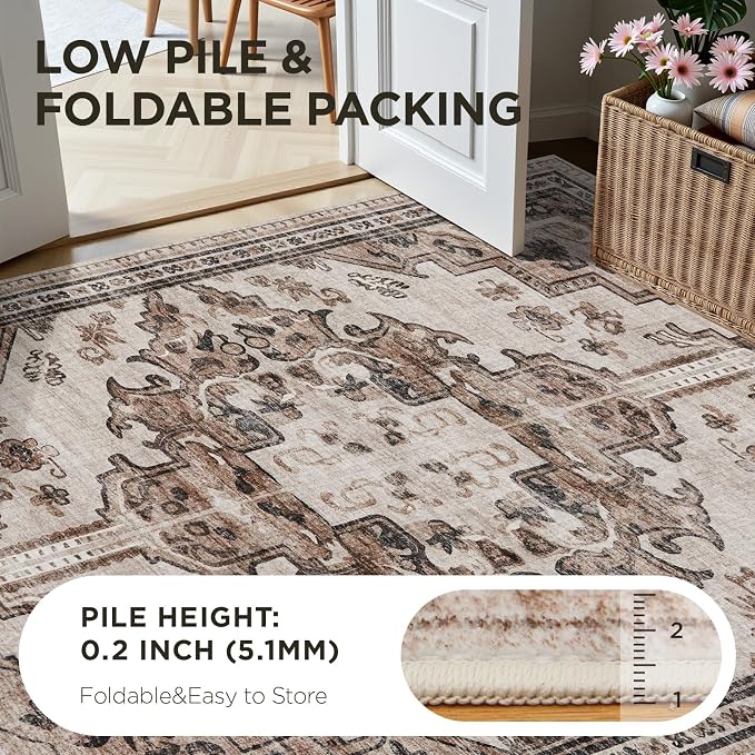 Joydeco 5x7 Area Rugs for Living Room, Machine Washable Vintage Area Rugs, Low Pile Non Slip Carpet, Lightweight Chenille Print Rug for Bedroom, Dining Room, Home Office, Light Coffee