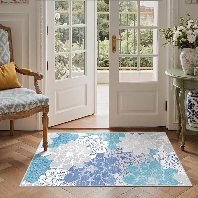 GENIMO 3x5 Outdoor Rug, Washable for Porch and Balcony, Aqua Grey | Floral design for entryway; fade resistant chenille with quick-dry non-slip backing for indoor mudroom