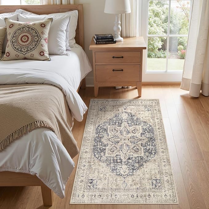 Tortania Area Rug Living Room Rugs - 3x5 Washable Rug Vintage Oriental Distressed Farmhouse Small Thin Indoor Carpet for Living Room Bedroom Under Dining Table Home Office - Cream Blue