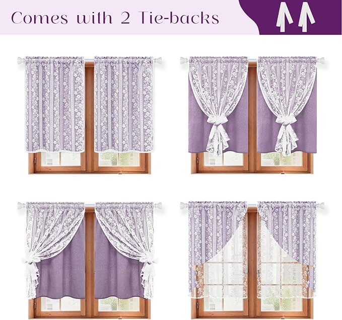 ASPMIZ Linen Kitchen Curtains Double Layer Kitchen Window Curtains Over Sink 36 Inch Length Purple Tier Curtain Light Filtering, Rod Pocket Cafe Curtain Short Window Treatments with 2 Tiebacks, 26x36