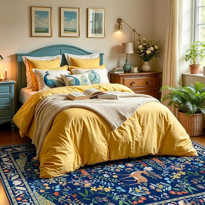 5x7 Blue Rugs for Living Room, Stain Resistant Non Slip Area Rug for Dining Room, Bedroom Floral Décor Indoor Carpet, Low Pile & Soft